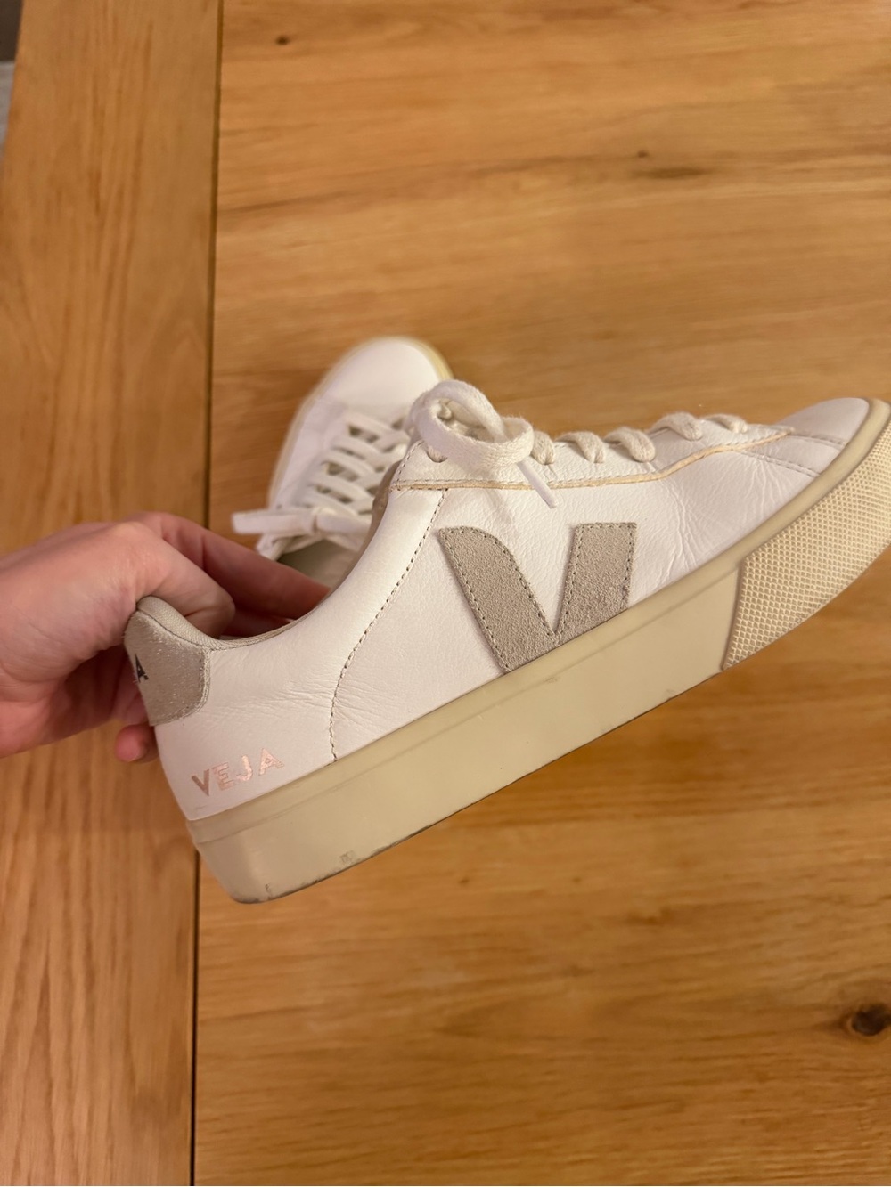 Veja White Leather Low-Top Sneaker with Beige V Accent and Cream Sole